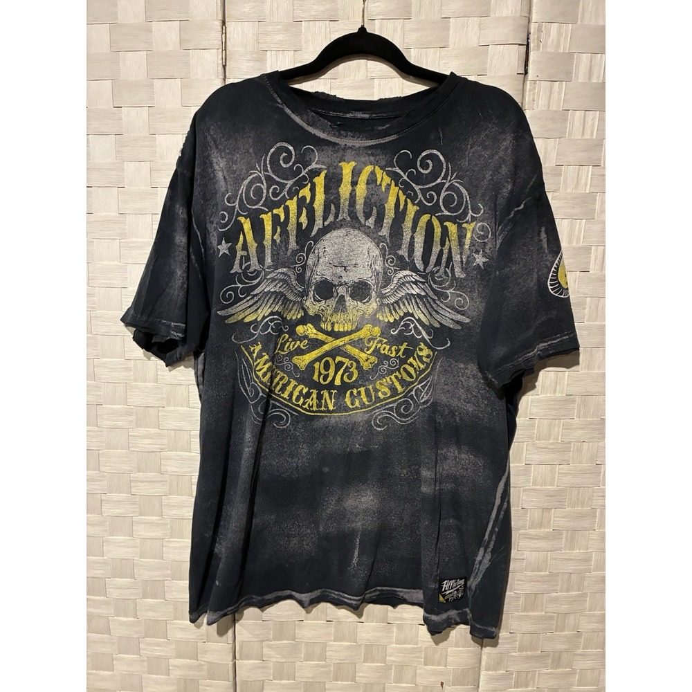 Affliction American Customs T Shirt Mens 2XL Skull Wings Made USA Distressed